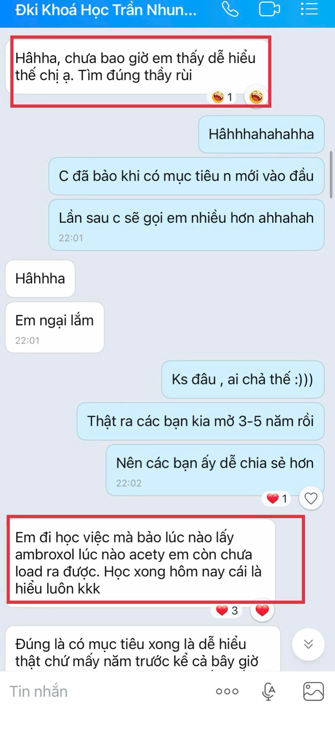 Ảnh chụp tin nhắn phản hồi học viên gửi DS Tuyết Lê