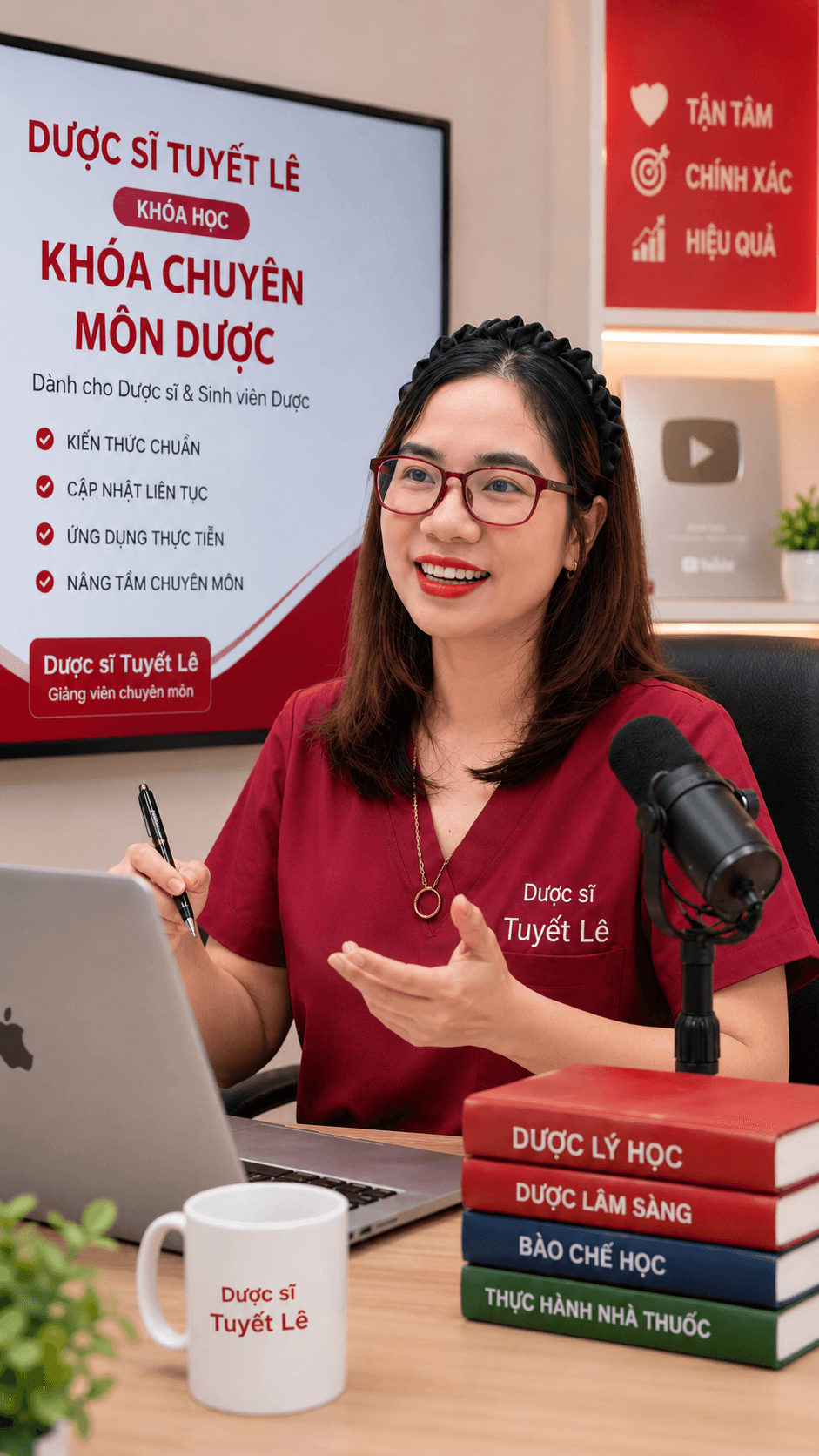 Dược sĩ Tuyết Lê giảng dạy và trao đổi tại bàn làm việc