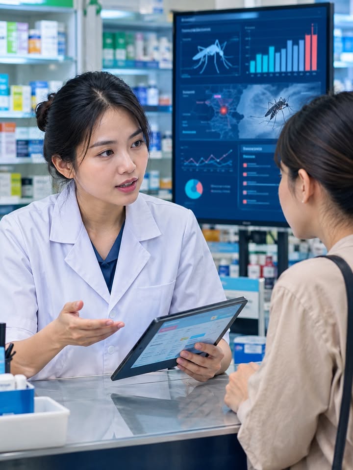 Ảnh minh họa dược sĩ tư vấn tại quầy thuốc, phía sau có hình muỗi và màn hình về sốt xuất huyết; dùng lại ảnh bài Facebook Page 2 ngày 06/10/2026.